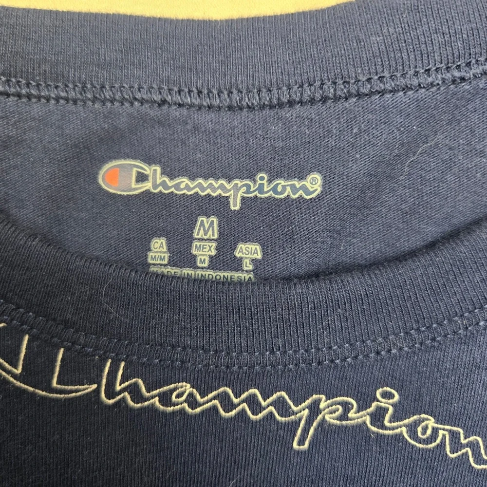 Champion Mens Navy Blue All Over Script Logo Print T-Shirt Medium Crewneck Tee - Picture 5 of 9